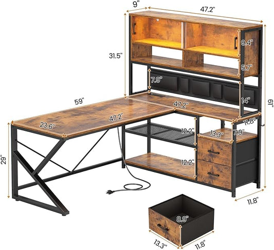 SEDETA L Shaped Computer Desk, Home Office Desk with 2 Drawer and Bookshelf, L Shaped Gaming Desk with LED Light, Glass Cabinet and Storage Bag, Corner Desk with Storage Shelves, Rustic Brown