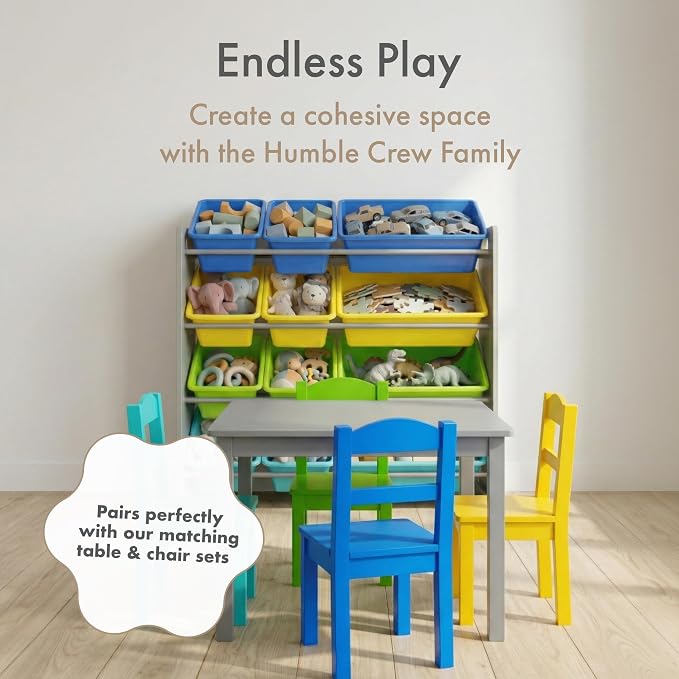 Humble Crew Toy Storage Organizer with 12 Removable Storage Bins for Kids Playroom, 4-Tier Toddler Toy Organization, Grey/Blue/Green/Yellow
