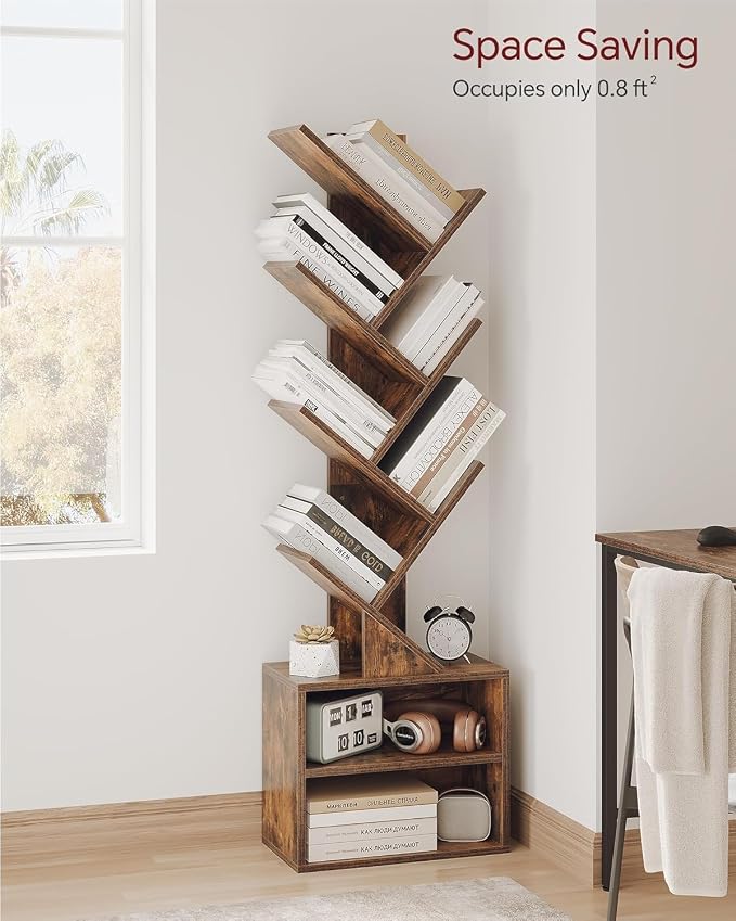 SUNMORY 6 Tier Tree Bookshelf with Lights, LED Book Tree Bookcase with Storage Organizer, Small Corner Bookshelf Floor Standing Book Shelf for Living Room, Bedroom & Home Office