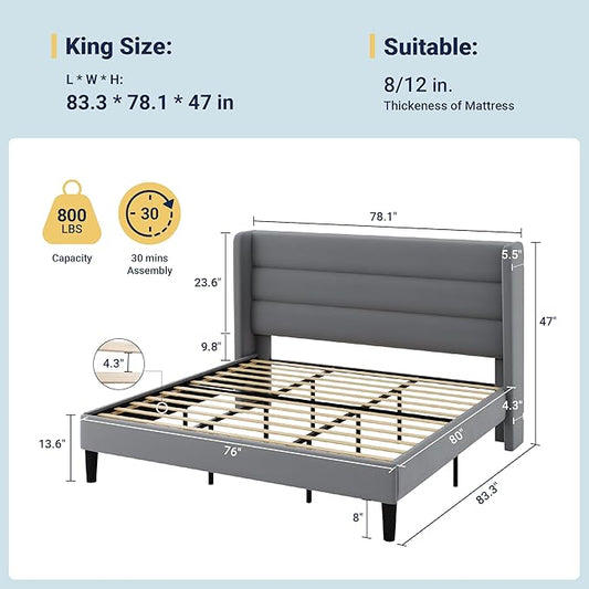 Allewie King Size Platform Bed Frame with Velvet Upholstered Wingback Headboard, No Box Spring Needed, Under Bed Storage Space, Strong Wooden Slats, Modern Mattress Foundation, Easy Assembly, Grey