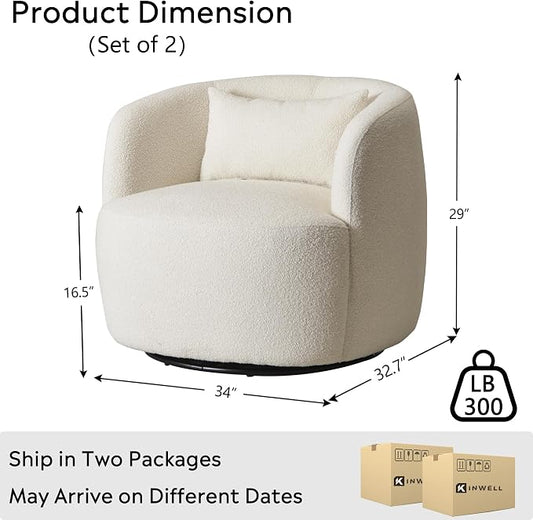 KINWELL 34" Wide Sherpa Swivel Barrel Chairs Set of 2, No Assembly Round Boucle Upholstered Accent Chairs Armchairs Single Sofa Chair with Toss Pillow for Living Room and Bedroom, Beige