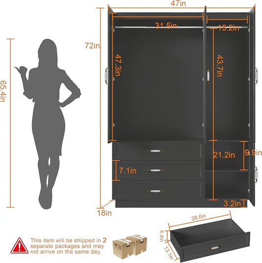 72" Armoire Wardrobe Closet with 3 Door Wooden Bedroom Armoire with LED Light 3 Drawers Large Modern Wardrobe Cabinet with Retro Ceramic Door Handles and Removable Hanging Rod Black