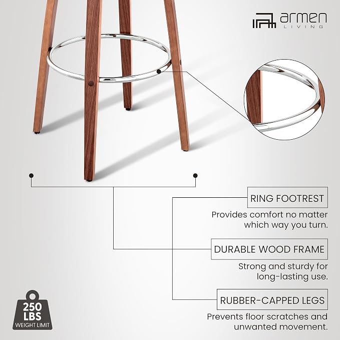 Armen Living Daxton Mid Century Modern Swivel Bar Stool for Kitchen Island Counter in Brown Faux Leather and Walnut Wood, 26" Seat Height