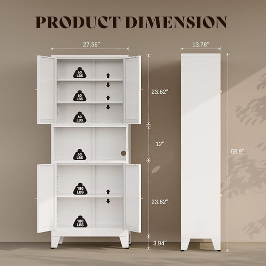 69" H Kitchen Hutch Cabinet with Storage,White Metal Storage Cabinet,Microwave Cabinet,Kitchen Pantry Cabinet with Countertop