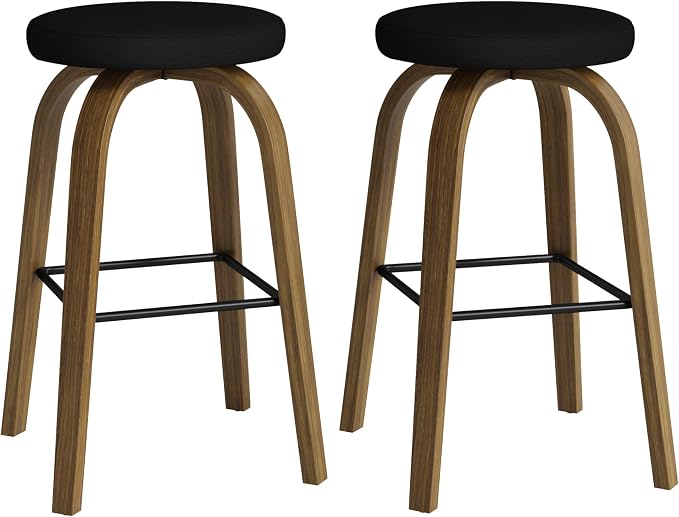 Bar Stools Set of 2, Counter Height Backless Bar Stools, 30" Swivel Barstools Kitchen Chair with Upholstered Fabric Seat, Black