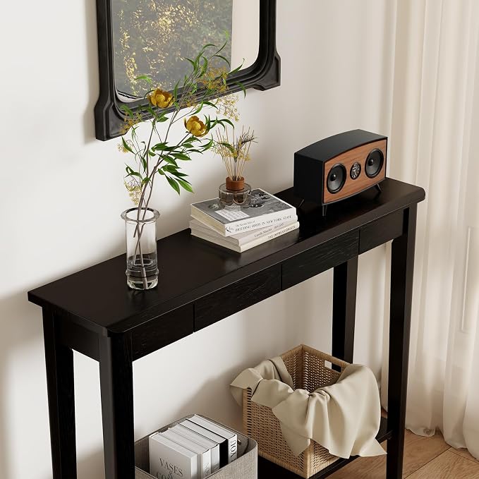 AQIMUELE Wood Console Table with Drawers, Mid Century Modern Console Table Black for Entryway, Living Room, Hall Way.