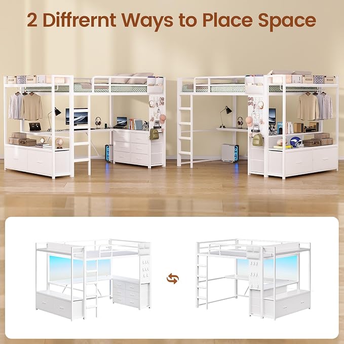 Itaar Twin Loft Bed with L-Shaped Desk & 8 Storage Drawers, Metal Kids Twin Loft Bed with Led Lights, Charging Station, Hall Tree, Safety Guard & Ladder, No Box Spring Needed, White