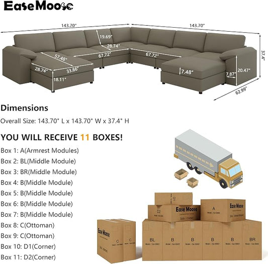 EASE MOOSE Oversized U Shaped Couch,Modular Sectional Convertible Sofa with Wide Deep,Extra Large Faux Leather Scratch Resistant Modern Couch for Big Spaces Living Room,Light Grey