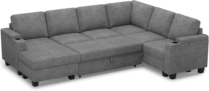 Belffin Sleeper Sofa Modular Sectional Pull Out Couch Bed U Shaped Sofa Couch for Living Room with Storage Chaise. Light Gery