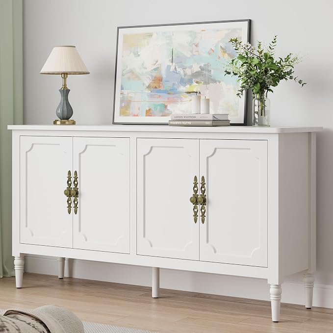 RoyalCraft 118" Buffet Cabinet with Storage, Vintage Sideboard with Adjustable Shelves, Mid Century Modern Painted Credenza Coffee Bar for Kitchen, Dining Room, Entryway, Living Room, Satin White