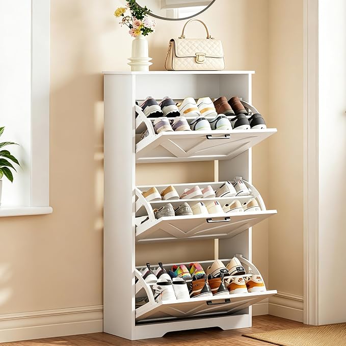 Homleke Farmhouse Shoe Cabinet for Entryway with 3 Barn-Style Flip Drawers, Narrow Shoe Storage Organizer with Top Display Shelf, Adjustable Shelves, Shoe Rack for Hallway, Closet- (White, 24" Wide)