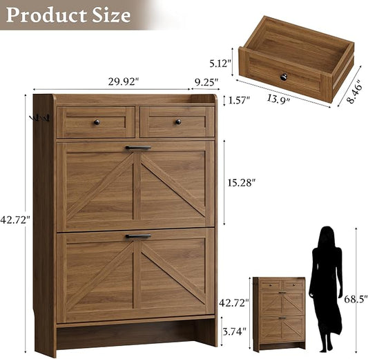 BORNOON Shoe Storage Cabinet for Entryway, Farmhouse Narrow Shoe Cabinet with 2 Flip Drawers & Top Drawers, Adjustable Shelves & Hooks, Freestanding Hidden Rack Organizer for Hallway, Foyer
