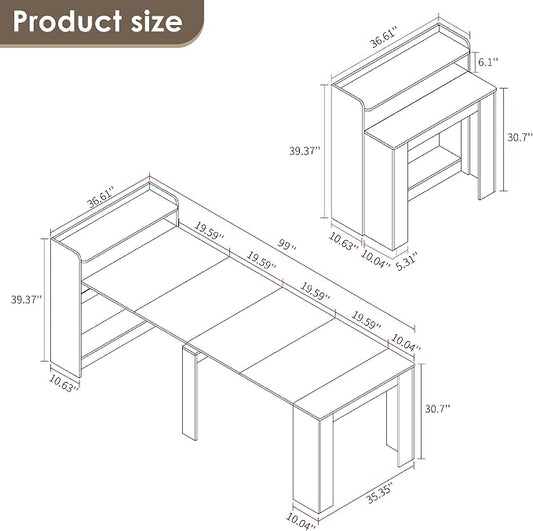 20"-99" Extendable Dining Table with Storage for 2-10 People, Modern Modular Extension Table, Space-Saving Extra Long Folding Dining Table, Multifunctional Conference Meeting Table, Walnut