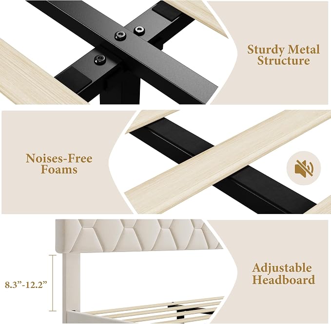 GarveeHome Twin Size Platform Bed Frame with Upholstered Headboard and Wooden Slats Support, Upholstered Mattress Foundation/No Box Spring Needed/Easy Assembly, Beige