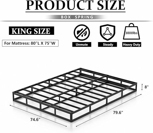 NHODIR Box Spring King Size 8 Inch Heavy Duty Metal Bed Base | 8" High-Profile for Thick Mattresses 3000 lbs Heavy-Duty Steel Non-Slip & Noise-Free Tool-free Assembly Washable Cover