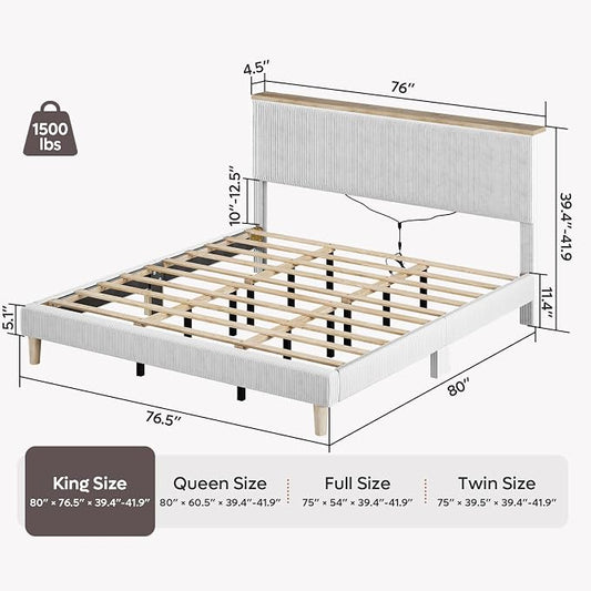 Bestier King Bed Frame with Adjustable Headboard & RGB LEDLighting, Corduroy Upholstered Platform Bed Frame withStorage Shelf, Solid Wood Slats, No Box Spring Needed,Never Squeak, Light Grey