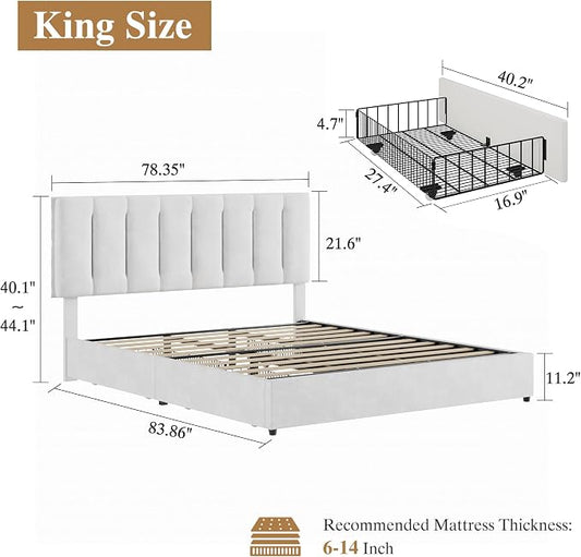 VECELO King Size Bed Frame with 4 Storage Drawers, Adjustable Height Headboard, Heavy-Duty Bedframe with Strong Wooden Slats, No Box Spring Needed, Pure White