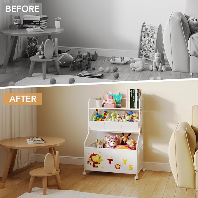 BBLIKE Toy Storage Organizer with Wheels - 3-Tier Kids Large Toy Box, Toy Chest Storage for Boys Girls Toddlers, Kids Bookshelf with 3 Fabric Toy Boxes for Playroom, White