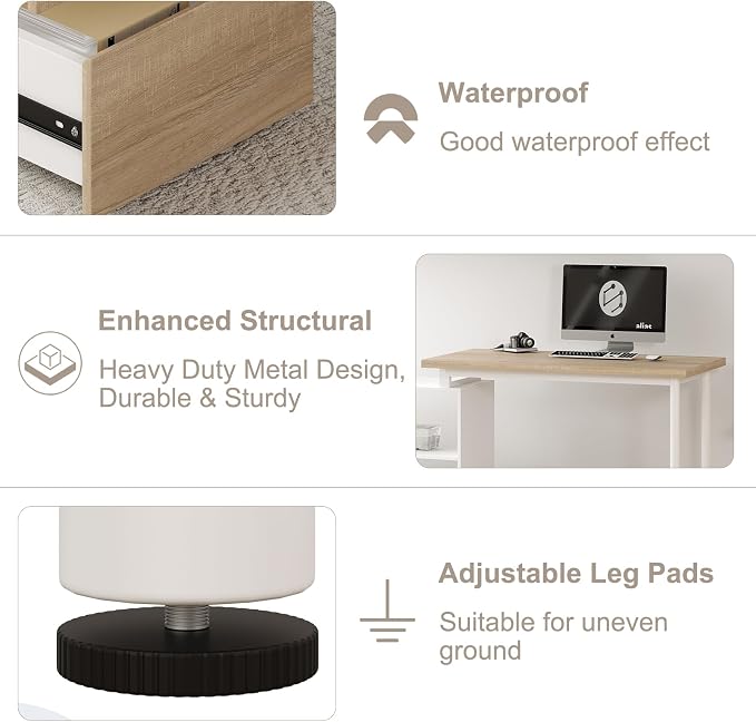 Bobve L Shaped Computer Desk, 47 Inch Home Office Desk with File Drawers & Storage Shelves, Small Corner Computer Desk for Small Space (White + Walnut)