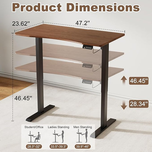 Solid Wood Electric Standing Desk 47.2"x23.6"Home Office Desk,Adjustable Workbench with 3 Stages Single Motor, Computer Workstation with T-Shaped Metal Bracket,Walnut Standing Desk for Gaming(1 Box)