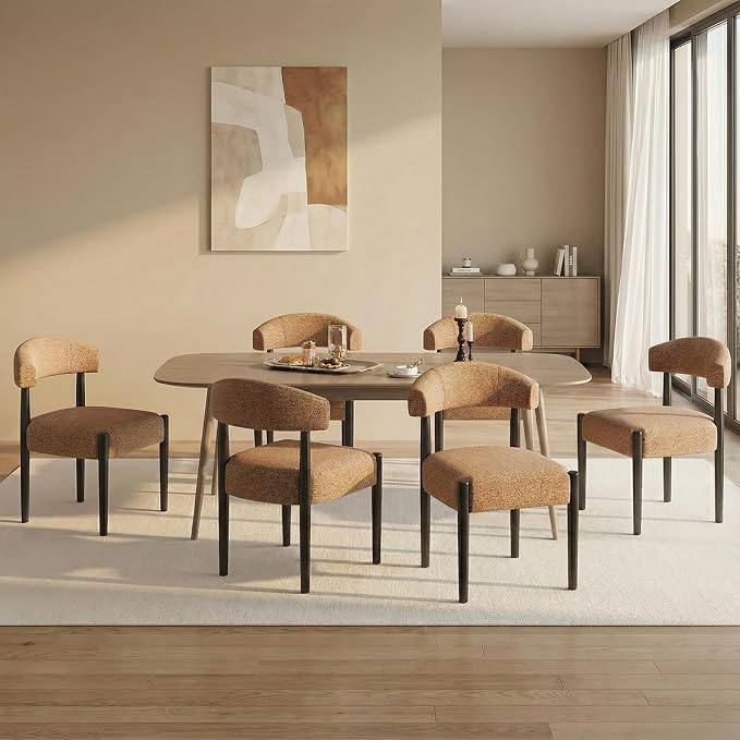 VKNOW Wooden Dining Chairs Set of 4 with Black Rubberwood Legs, Orange | Soft Chenille Fabric, Curved Open Back, Thickened Cushion, For Adults and Family, Dining Room, Kitchen, No Wobble