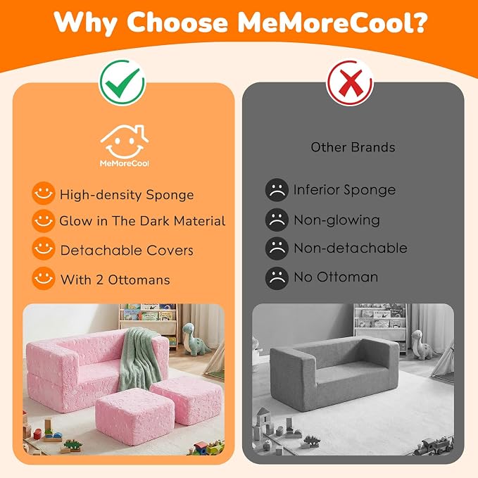 MeMoreCool Glow-in-The-Dark Unicorn Kids Modular Couch Sofa – Convertible 2-in-1 Plush Foam Toddler Chair for Children’s Bedroom