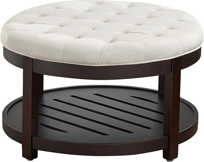 adochr Round Coffee Tables for Living Room,33’’ Storage Ottoman with Wooden Tray, Upholstered Ottoman Footrest, Beige