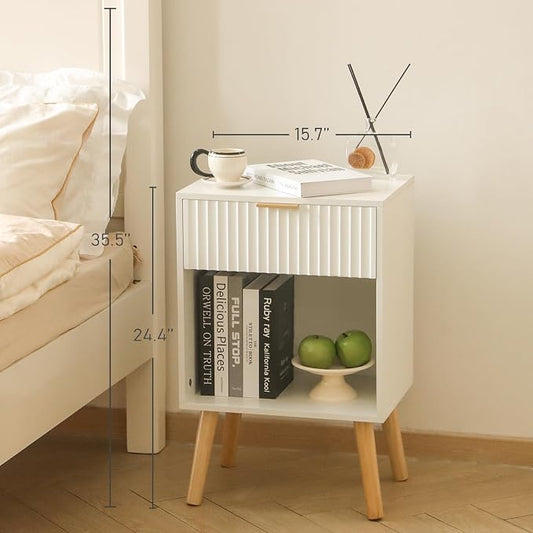 Fultyle White Nightstand, Modern Bedside Table with Drawer and Open Storage, Fluted End Side Table Living Room with Solid Wood Legs for Bedroom (White)