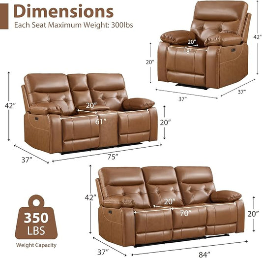 CANMOV Genuine Leather Power Reclining Sofa Set,Living Room Furniture Sofa Set,Power Recliner Chair,Loveseat and Sofa with Storage Console, USB Ports, Cup Holders for Living Room,Brown