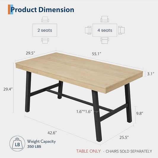 GarveeHome Industrial Dining Table for 2-4, 55" Heavy Duty Rectangular Kitchen Table with 2"×2" Metal Legs, Small Space Dining Table for Kitchen, Dining Room (Natural, 55" Non-extendable)