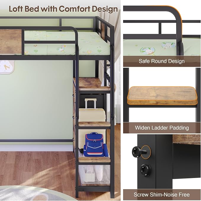 Dnxao Twin Loft Bed with Desk, Twin Bed Frame with 6 Storage Drawers, 2 Bedside Organizer,3 Movable Hooks,LED Lights & Charging Station,Bunk Bed with Desk, Clothes Rack,Safety Guardrail,Rustic Brown