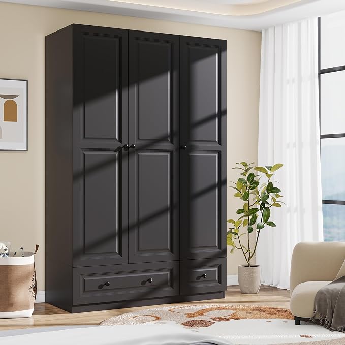 Armoire Wardrobe Closet with Drawers: 74" Black Tall Wooden Wardrobe Closet for Hanging Clothes, Large Bedroom Armoires with 2 Drawers, 3 Door Armoire Storage Cabinet (Black, 47")
