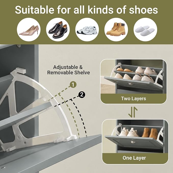 Haotian FSR94-HG, Grey Shoe Storage Cabinet with 3 Flip Drawers, Freestanding Shoe Rack, Shoe Storage Cupboard Organizer(9.4" D x 20.9" W x 46.1" H)