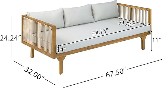 Merax Acacia Wood Outdoor Patio Loveseat Sofa w/Coushion and & Light Brown Rope, 3-Seater Sofa Daybed for Backyard, Lawn, Deck, Balcony, Water Repellent Fabric, 600 lbs Capacity,Teak +Light Gray