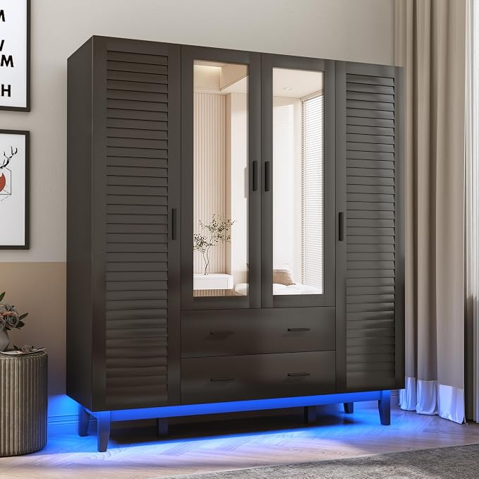 Hlivelood 4 Door Armoire Wardrobe Closet Cabinet with Drawers and LED Lights, Multi-Tier Shelves, Hanging Rod & 4 Louver Doors, Large Capacity Storage Wardrobe Armoire for Bedroom, Black