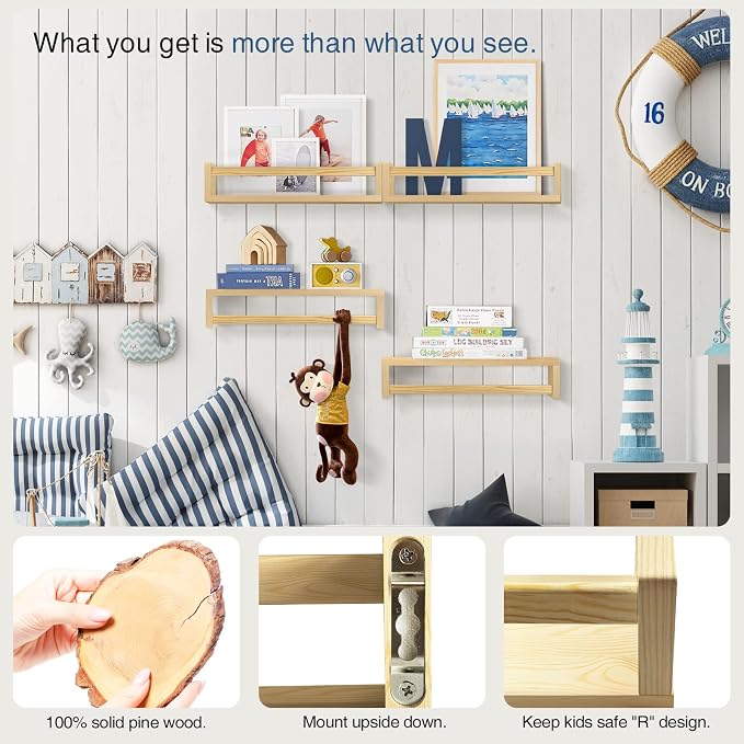Forbena Natural Wood Nursery Book Shelves Wall Mounted, Floating Bookshelf for Kids Room, Baby Toys and Books Storage Organizer Bookshelves for Toddler Child Bedroom Bathroom (4 Pack Light Wood)