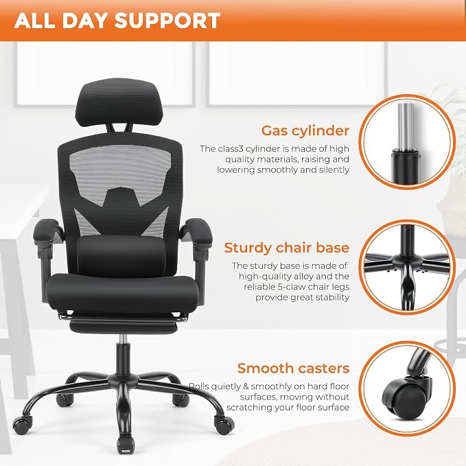 Sweetcrispy Office Computer Desk Chair, Ergonomic High-Back Mesh Rolling Work Swivel Chairs with Wheels, Comfortable Lumbar Support, Comfy Arms for Home, Bedroom, Study, Student, Black