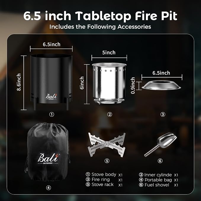 BALI OUTDOORS 6.5 inch Tabletop Fire Pit Round, Stainless Steel Table Top Firepit Small, Outdoor Smokeless Firepit Portable, Black