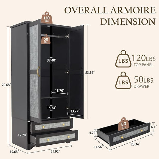 Yechen 71" Armoire Wardrobe Closet with Doors, Modern Tall Storage Cabinet with Adjustable Shelf and Hanging Rail, Sturdy Freestanding Closet Armoires and Wardrobes with 2 Wide Drawers for Bedroom
