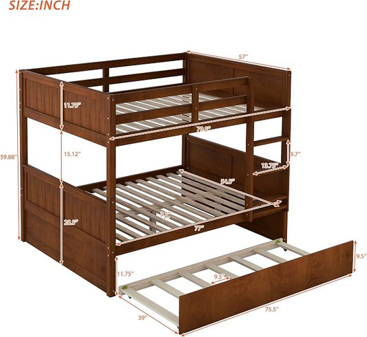 Merax Trundle Bunk Bed, Full Over Full Wood Bunk Bed with Twin Size Trundle, Guardrail and Ladder, Can be Separated into 2 Beds, Walnut
