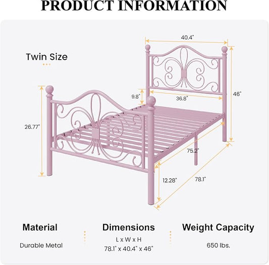 SHA CERLIN Twin Size Bed Frame for Kids,Metal Bed Frame with Butterfly Pattern Design Headboard and Footboard,No Box Spring Needed,Easy Assembly,Pink
