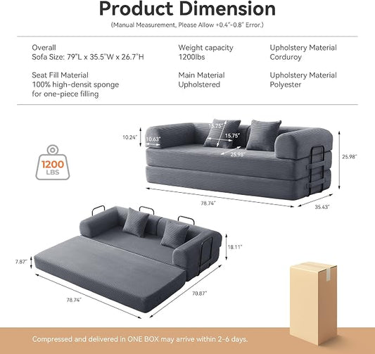 Sofa Bed, Corduroy Sleeper Sofa Bed with Fixed Frame, Floor Sofa Lounge with Pillow, Convertible Folding Mattress Couch for Living Room, Bedroom, Lounge, Studio (Dark Gray)
