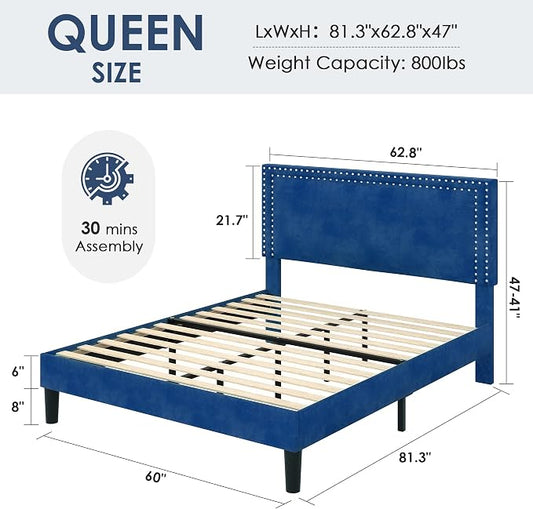 VECELO Queen Size Platform Bed Frame with Height Adjustable Upholstered Headboard, Modern Mattress Foundation,Strong Wood Slat Support, No Box Spring Needed, Easy Assembly,Dark Blue