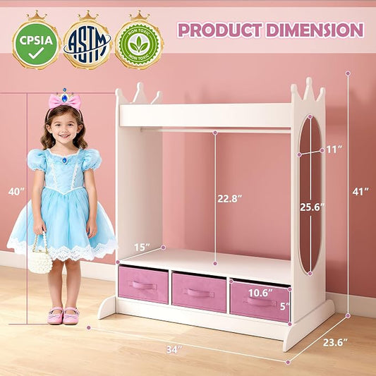 COSVALVE JOYLDIAS Kids Dress Up Storage with Mirror and Drawers, Kid Armoire Dresser, Pretend Storage Closet for Kids, Costume Wardrobe with Top Shelf for Playroom Bedroom, Lovely White