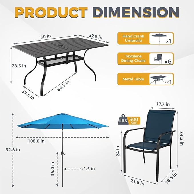 SUNCROWN 8 - Piece Outdoor Dining Set, Patio Furniture Set with 6 Textilene Dinning Chairs, 1 Rectangle Metal Table and 1 Sky Blue 9Ft Patio Umbrella for Lawn Garden Backyard Deck, Blue