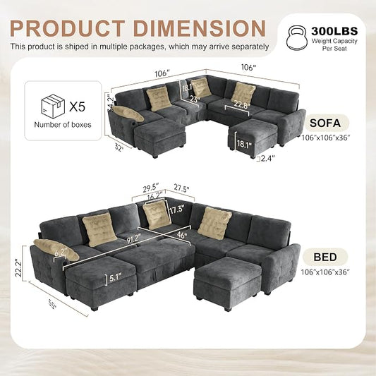 Hanherry 106" Sectional Sofa with Pull Out Couch Bed,7 Seat Chenille Sleeper Sofa with 2 Seat Storage & USB Charging,Storage Ottoman,Comfy Modular Couches for Living Room,Apartment