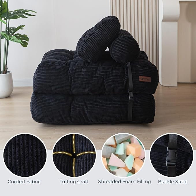 MAXYOYO Folding Sofa Bed, Convertible Chair with Pillow Foldable Couch with Back Support, Portable Fold Out Chair Bed Comfy Floor Sofa Lounge for Living Room Bedroom, Black, Single
