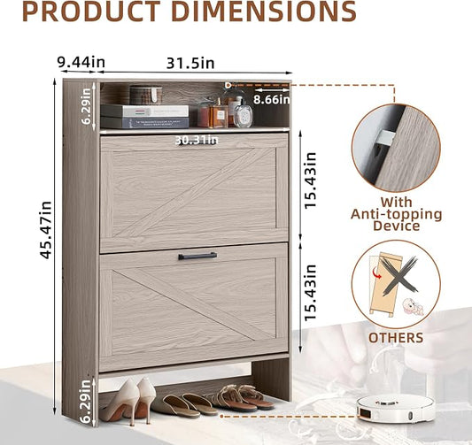 RWYHG Shoe Cabinet Storage for Entryway with 2 Flip Drawers Open Storage Layer Rack Narrow Organizer Slim Hidden Wood Shoe Cabinet Furniture Grey
