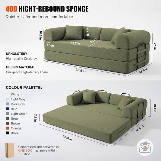 79" Convertible Sleeper Sofa Bed, Corduroy Boneless Fold-Out Couch in a Box, 4-in-1 Loveseat/Futon Couch, High-Density Foam, No Assembly, Side Pockets, 2 Pillows for Small Spaces, Green