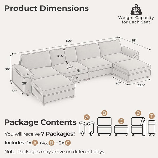 SITJOY Large Cloud Couch, 149" Wide 4 Seater U Shape, Light Gray Chenille | Detachable and Washable Chenille Cover Sectional Sofas for Living Room, Deep Seat Wide Couch with Chaise, Storage Ottoman